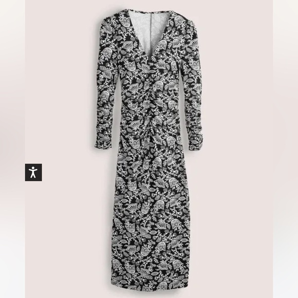 Boden NWT Ruched Jersey Midi Dress in Black and Ivory Tulip Vine Size US2P - Picture 8 of 15